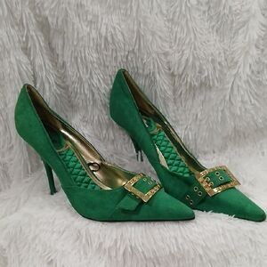 Dollhouse Green Heels with Gold Accents